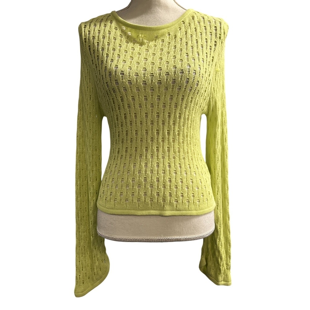 H&M Open Knit Sweater Neon Green Yellow Pullover Size S Beachy Coastal Layer